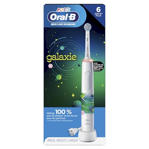 Oral-B Kids Electric Toothbrush with Coaching Pressure Sensor and Timer, Rechargeable Toothbrush with Brush Heads, Galaxy