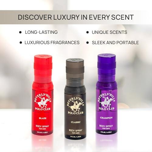 Beverly Hills Polo Club Men's Body Spray Collection Gift Set Featuring Luxury Designer Cologne Scents for Long Lasting Freshness BHPC 3 oz 3 Count (Gold)