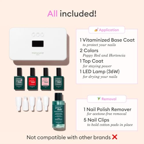 Manucurist - New Green Flash Slim Gel Nail Polish Kit - 36W LED Nail Lamp with Base Coat + Top Coat + 2 Colors: Poppy Red Polish & Pale Pink Hortencia + Gel Nail Lamp + Polish Remover + Nail Clipsel