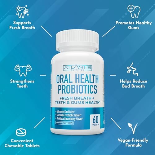 Atlantis Nutrition Oral Probiotics Chewable Tablet - Dental Probiotic for Gum Care & Teeth Care - Bad Breath Treatment for Adults - 3 Billion CFU Probiotic Blend - Strawberry Flavor - 60 Tablets