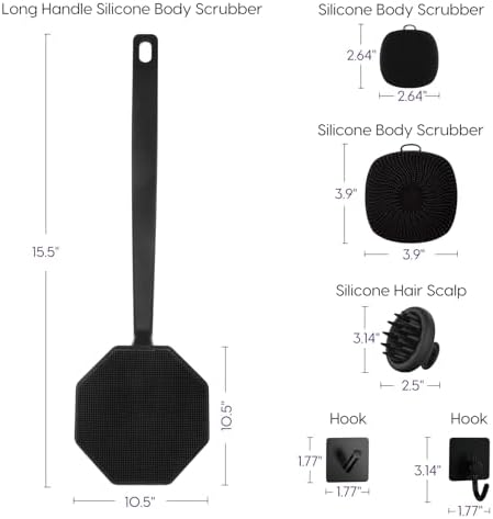 VWMYQ Silicone Body Scrubber Set, Includes Back & Body Scrubbers, Face Brush, Scalp Massager, 4 Storage Hooks, Shower & Bathroom Hygiene Accessories for Present(Black)