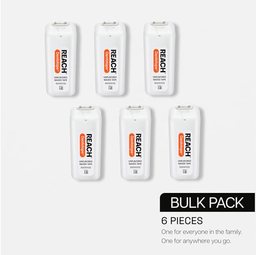 REACH Dentotape Waxed Dental Floss Tape, Unflavored, Extra Wide Floss, Shred & Frey Resistant, Plaque Remover for Teeth, Easy on Gums & Teeth, Oral Care, PFAS Free, for Adults & Kids, 6 Pack, 100 yd