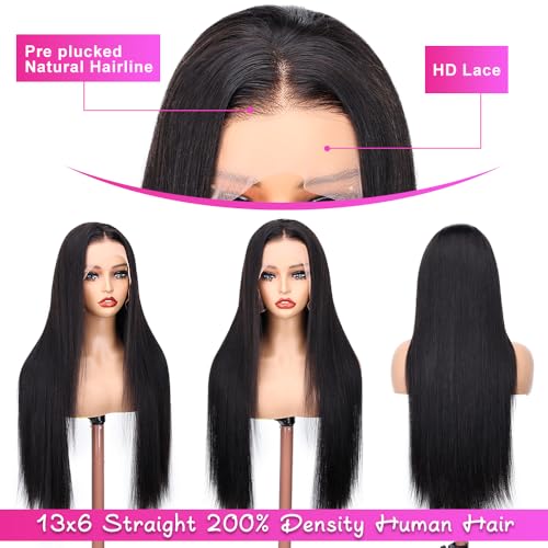 13x6 HD Lace Front Wigs Straight Human Hair Wigs 200% Density Straight Lace Front Wigs Human Hair with Baby Hair Brazilian Virgin Human Hair Wigs for Women 28 Inch
