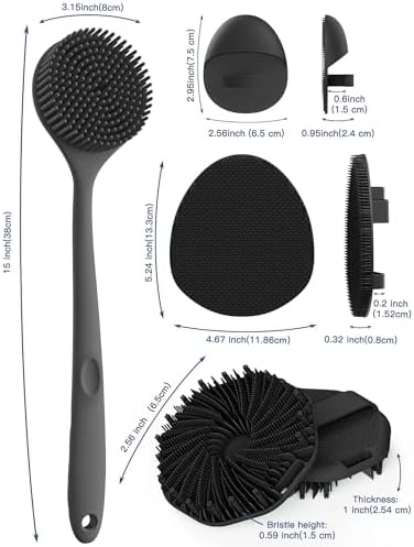 Manmihealth Silicone Back Scrubber & Soft Bath Glove, Silicone Scalp Massager Set 5 PCS, Super-Exfoliating Body Scrubber Shower Brush & Shampoo Brush Combination, with 2 Free Hooks (Style 1 Black)