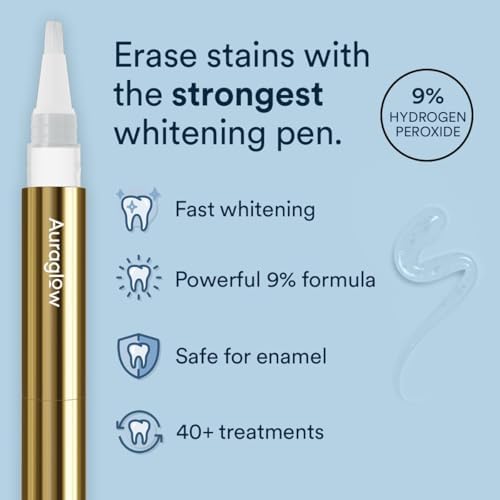 Auraglow Extra Strength Teeth Whitening Pen, 9% Hydrogen Peroxide, 40+ Whitening Treatments, Whitens Teeth Fast, No Sensitivity, 4mL