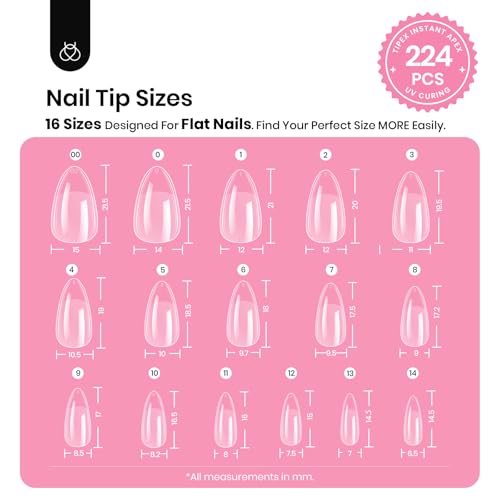 Beetles Tipex Instant Apex Nail Tips Kit, Almond Short 224Pcs 16 Sizes Pre-Building & Pre-Etched Thicker Acrylic Nails False Nail Extension with Tipex Uv Nail Glue Mini Nail Lamp