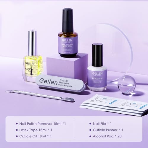 Gellen Gel Nail Polish Remover Kit, Gel Polish Remover for Nails with Liquid Latex Tape Cuticle Oil and Manicure Tools, Quick & Easy Gel Remover in 3-5 Minutes, No Soaking Or Wrapping