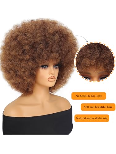 Afro Wig 14Inch Afro Wigs for Black Women 70s Mixed Brown Afro Kinky Curly Wig Bouncy Huge Fluffy Puff Wigs Synthetic Hair for Cosplay Daily and Party (Mixed Brown)