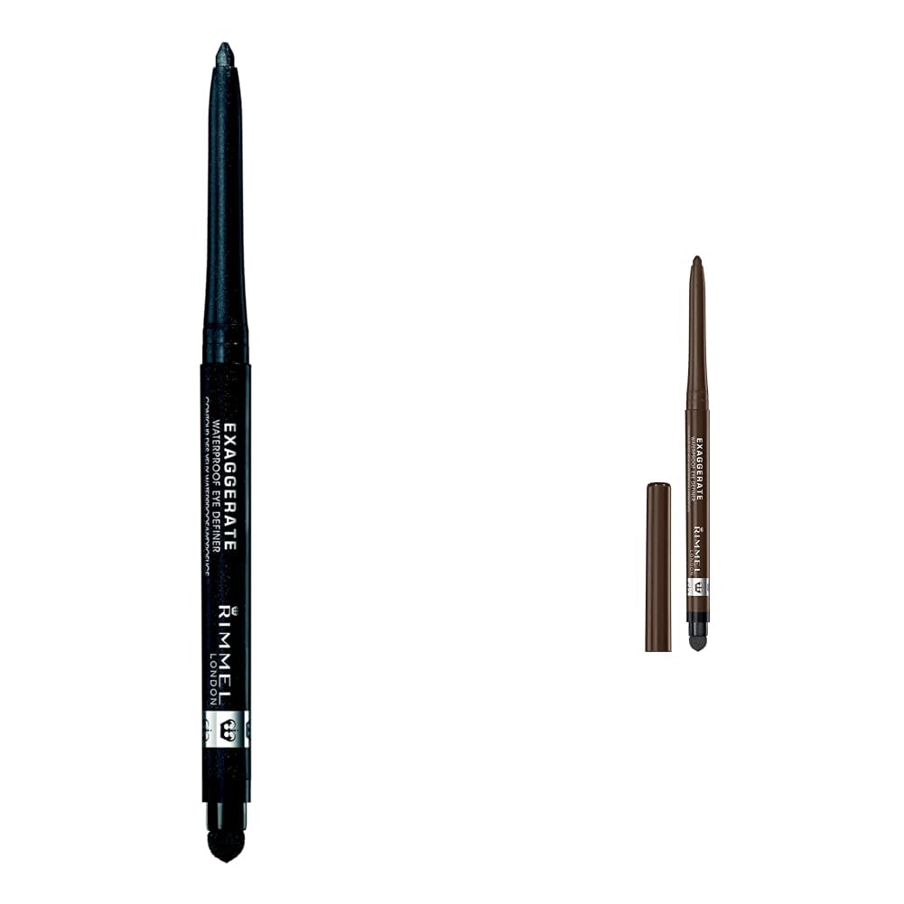 Rimmel London Exaggerate Waterproof Eye Definer Eyeliner Bundle, 264 Earl Grey & 212 Rich Brown, Highly Pigmented, Built-In Smudger, 0.01oz Each