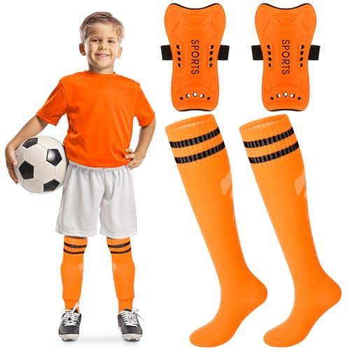 Syhood Soccer Shin Guards and Socks for Toddler Kids Youth, Lightweight Soccer Shin Pads Protective Soccer Gear for 3-5, 5-10, 10-15 Years Old Children Teen Boys Girls Soccer Game (Orange, S Size)