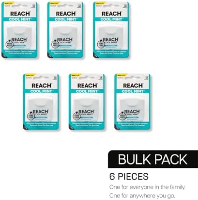 REACH Cool Mint Dental Floss, Fresh Mint, Plaque Remover for Teeth, Shred Resistant, Waxed, Easy on Gums & Teeth, Fresh Breath, Oral Care, PFAS Free, for Adults & Kids, 6 Pack, 55 yd