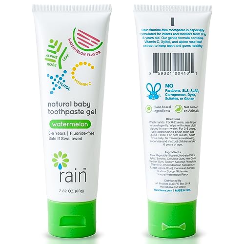 Baby Toothpaste 6 to 12 Months - Rain Fluoride Free Tooth Paste Gel for Infant Toddler Kids 0-6 Years and Up, Safe to Swallow, 2.8 Oz, Babies Training, Xylitol, Vitamin C, Vegan, SLS Free, Gluten Free