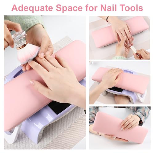 ANGNYA Nail Arm Rest for Nails Tech, Foldable Hand Stand for Nail Tech with PVC Table Mat Microfiber Leather Nail Arm Rest with Bracket Manicure Arm Rest for Nail Salon Technician (Pink)