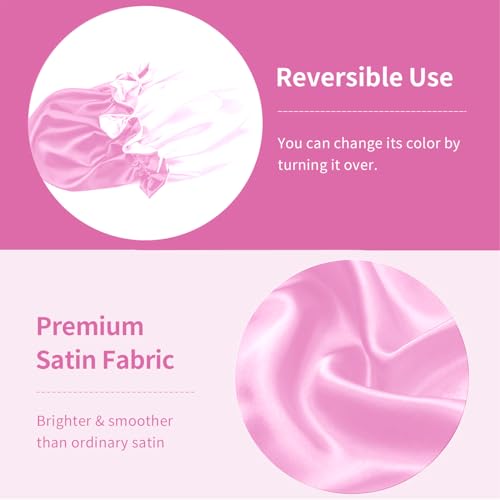 2Pcs Silk Bonnet for Sleeping Women - Reversible Double Layer Satin Bonnet with Adjustable Elastic Band, Night Hair Protection for Curly, Natural & Long Hair Black Pink Black Pink