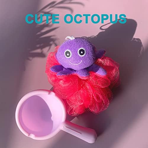 Loofah Exfoliating Shower Stuffed Sponge Pouf Mesh Brush with Animal Toys - Bath Spa Puff Scrubber Ball - Body Poof for Children Kids - Rich Foams Bubble（4.7" Each） Pack of 4