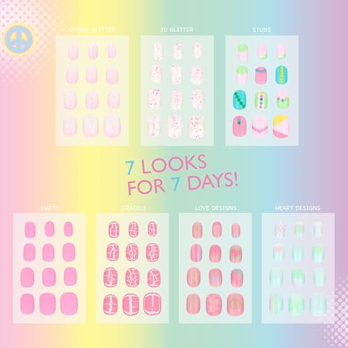 7 Day Manicure Collection - 84PC Press On Nail Set, Day-of-The-Week Adhesive False Nails for Girls (Set of Brights or Pastels) – Colorful Novelty Designs Stick On Nails for Kids