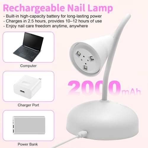 CGBE Gooseneck LED Nail Lamp: Cordless Portable LED Nail Light - Rechargeable Mini Flash Cure Lamp for Professionals Beginners Nail Art Lovers - Travel or Salon Use