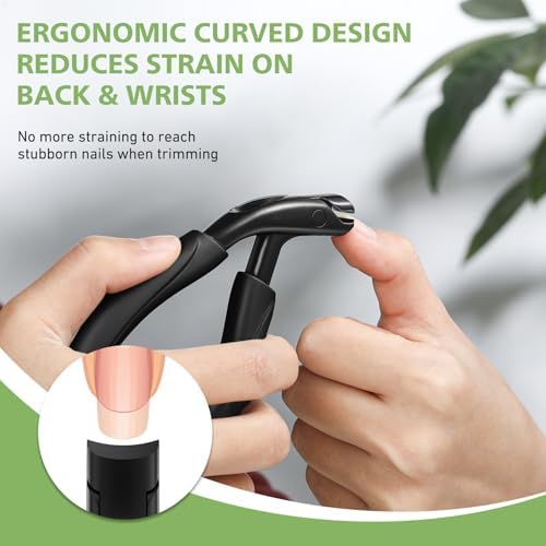 BALUCA Curved Head Toenail Clippers for Seniors for Thick Toenails, Long Handle Toe Nail Clippers with Catcher, German Stainless Steel Angled Nail Clippers with Silicone-Grip - Black