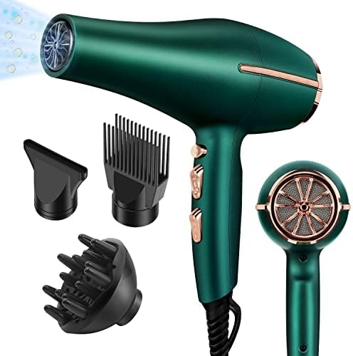 2000 Watt Negative Ionic Hair Dryer, Professional Salon Blow Dryer, Low Noise Fast Drying & Powerful AC Motor and Diffuser Comb for Men Women,3 Heat & 2 Speed Settings, Easy to Use- Green