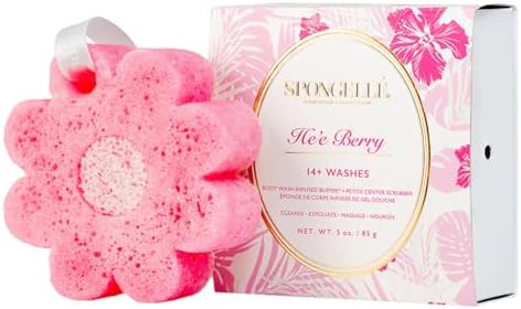 Spongellé He'e Berry Hawaiian Buffer | Body Wash Infused Sponge with Awapuhi & Kukui Nut Oil | Exfoliates & Hydrates | 14+ Uses