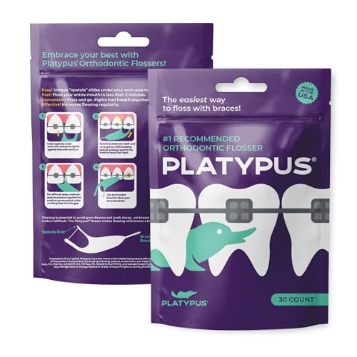 Platypus Orthodontic Flossers for Braces, 30 Count (Pack of 2), Ortho Picks for Adults & Kids, Fits Under Arch Wire, Non-Damaging, Encourage Flossing Habits