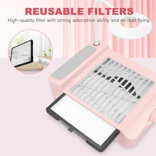 AONOLOVO Nail Dust Collector, Adjustable Suction, Professional Nail Fan Dust Collector with Light Manicure Dust Collector Nail Tech Vacuum Cleaner Machine for Acrylic Nails Removal, Pink