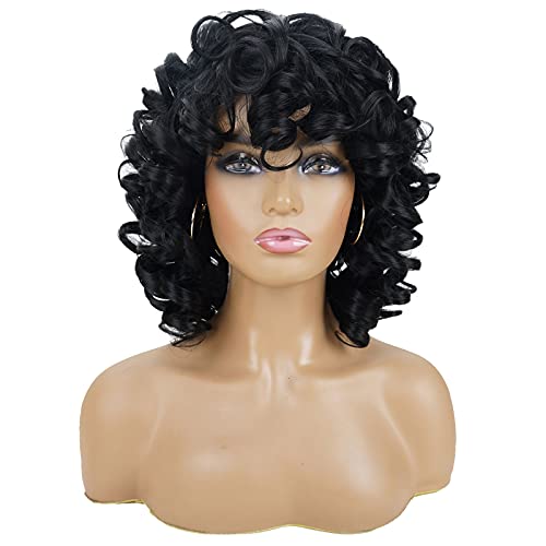 andromeda Curly Wigs for Black Women Soft Black Short Curly Wig with Bangs Afro Loose Curls Heat Resistant Synthetic Wig for African American Women (Black)