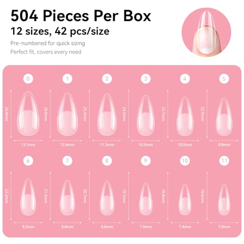 Makartt Almond Nail Tips, 500pcs Medium Pre-buffed Full Cover Clear Press on Nails 10 Sizes Soak Off Soft Gel Nail Tips Extension Professional Acrylic Fake Nails No Crease False Nail Salon DIY Art