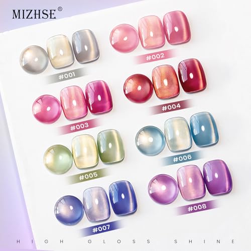 MIZHSE Cat Eye Gel Nail Polish, Dawn Cat Eye Effect Magnetic Gel Polish Set, 8 Colors Crystal Jelly Pink Red Green Purple Nail Gel with Magnet Stick Soak Off Nail Art Gift for Women