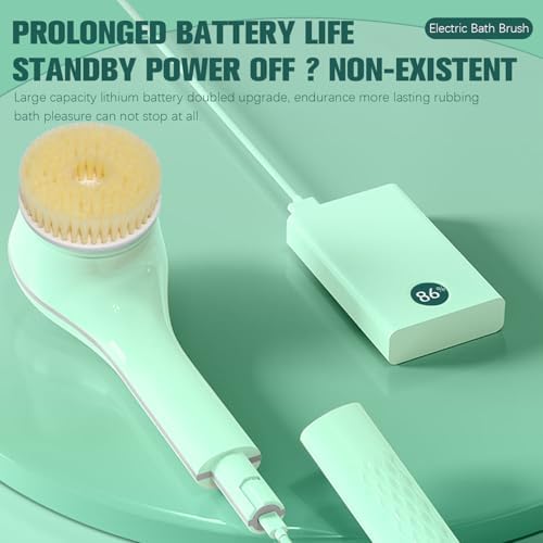 Electric Body Brush, Electric Shower Scrubber, Long Handle Body wash applicator, Silicone Back Brush, 6 Shower Brush Heads ，for Cleaning, Massage and Exfoliation (Light Green)
