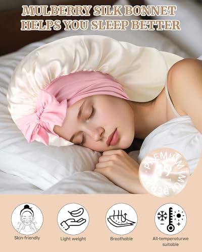 AWAYTR Silk Bonnet for Long Hair - 100% Mulberry Silk Bonnet for Sleeping Women or Kids with Adjustable Elastic Band