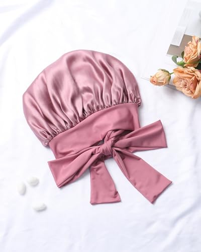 AWAYTR 100% Mulberry Silk Hair Bonnet for Women Sleeping with Tie Band 19 Momme Silk Sleep Cap Night (US, Alpha, One Size, Pale mauve)