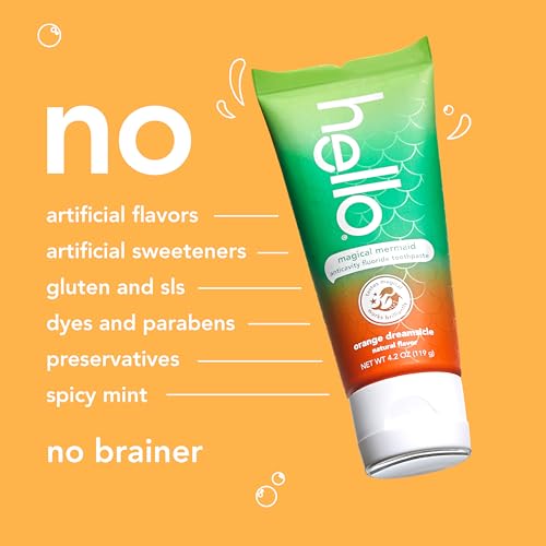 hello Magical Mermaid Kids Toothpaste with Fluoride, Orange Dreamsicle Flavor Toothpaste for Kids, Safe for Ages 2 and Up, Helps Prevent Cavities, Strengthen Enamel, Polish Teeth, 3 Pack, 4.2 Oz Each
