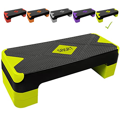 SPART Adjustable Workout Aerobic Stepper, Aerobic Exercise Step Platform with 4 Risers, 3 Levels Adjust 4" - 6" - 8", 26.77" Trainer Stepper with Non-Slip Surface For Home Gym, Black-Fluorescent Green