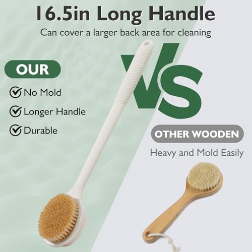 VANZAVANZU 17 Inch Back Scrubber for Shower, Anti-Slip Long Handle Shower Brush with Soft and Stiff Bristles, Exfoliating Bath Brush for Wet or Dry Brushing (Cream White)