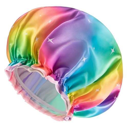 mikimini Sparkle Rainbow Shower Cap for Women Long Hair, Pack of 2,Double Layer Waterproof, X-Large, Reusable, Washable, No Smell, Fashion Bath Cap