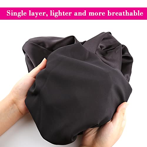 2pcs Extra Long Hair Satin Bonnet for Women, Single-Layer Night Sleep Cap Bonnet with Elastic Band for Braids/Dreadlocks/locs/Curly/Long Hair (Black+Pink Flower)