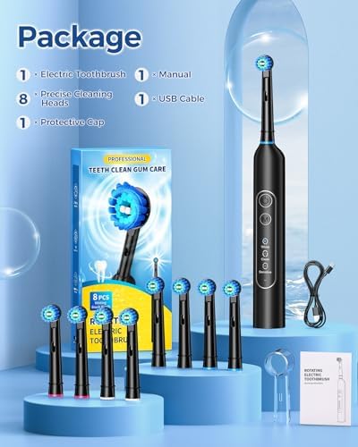 Rotating Electric Toothbrush for Adults with 8 Brush Heads, Sensitive Gum Care Electric Toothbrush with 3 Modes and 2 Min Smart Timer, Rechargeable Last 60 Days