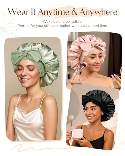 YANIBEST Adjustable Satin Bonnet for Sleeping, Double Layer Silk Bonnet with Tie Band for Women, Sleep Cap Curly Natural Hair, Pink