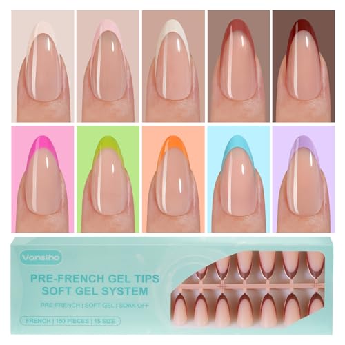300Pcs French Gel Nail Tips Almond, Vansiho Medium Nail Tips, Pre-French Tips Press on Nails, Acrylic Fake Nails for Nail Art DIY 15 Sizes