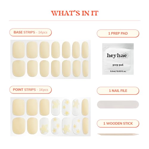 Semi Cured Gel Nail Strips | No LED Lamp Needed | Solid, Yellow, Spring |Easy Apply & Remove, Salon Quality|Includes 28 Strips, 1 Prep Pads, Nail File & Wooden stick- Hey, Let's Catch Some Rays