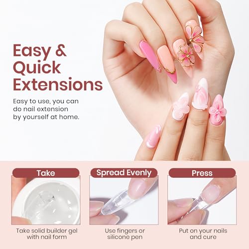 MIZHSE Solid Builder Gel for Nails: 4-in-1 3 Colors Hard Gel for Nails 3D Nail Art for Sculpting with Dual Forms Silicone Pen Soak Off U V LED Manicure Salon DIY Gift