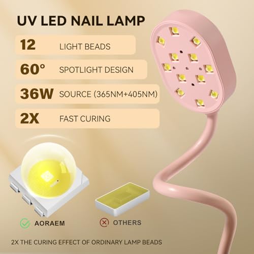 AORAEM UV Nail Lamp, Gooseneck Mini U V Light for Gel Nails, 36W Rechargeable LED Flash Cure Lamps with 4 Timers & Auto Sensor, Quick Dry Professional Nail Dryer for Salon Home DIY Use, Pink