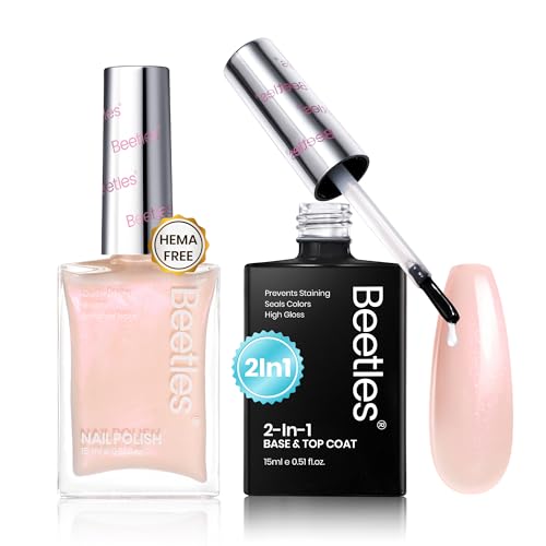 Beetles Nail Polish Top Coat and Base Coat Set Pearl Pink Fast Drying & Long Lasting Shine Nail Polish 2 IN 1 Protects Nails Enhances Glossy and Nourishes Nails for Women
