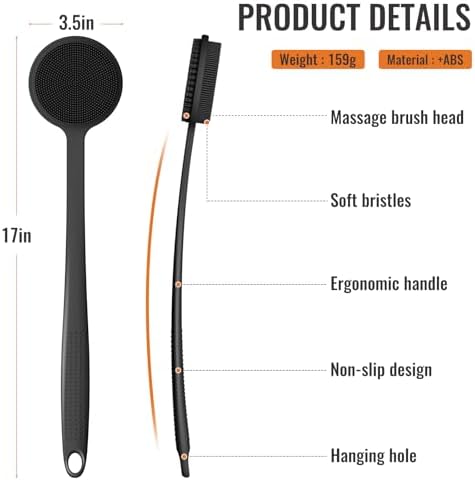 VWMYQ Silicone Back Scrubber for Shower, 17in Lengthen Long Handle Body Brush, Double Sided Shower Brush for Shower Exfoliating and Massage Can Produce Rich Foam, Long Handle Back Scrubber for Men
