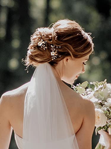 SWEETV 2Pcs Bridal Hair Accessories,Gold Wedding Hair Pins Pieces With White Flowers for Brides