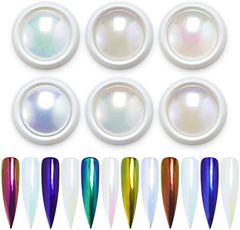 Artdone 6pcs Chrome Nail Powder White Pearl Unicorn Mermaid Aurora Nail Powder,Iridescent Chameleon Effect Nail Color Metallic Mirror Chrome Powder Kit for Nail Art Gel Polish kit