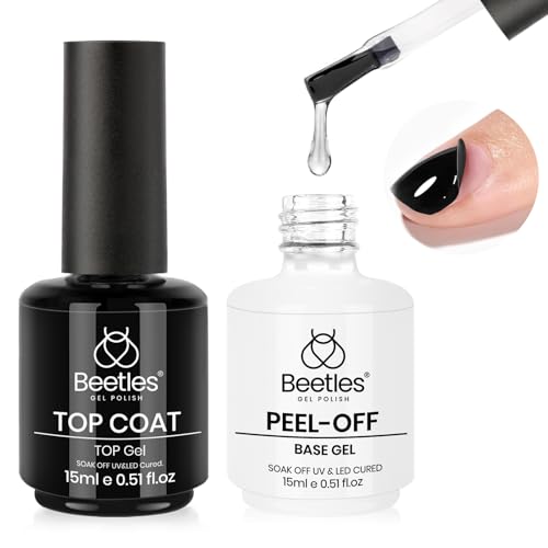 Beetles Peel Off Base Coat and Top Coat Gel Nail Polish Set, 2Pcs 15ml Peelable Base Gel and Top Coat Easy Removal, UV LED Lamp Peel off Nail Polish without Damage for Beginners Weak Thin Nails