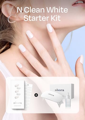 ohora Bundle Set (N Clean White Starter Kit) - White Solid Gel Nail Strips with UV/LED Lamp and Mini Remover, Salon-Quality, Long Lasting, Easy to Apply, Remove, Prep Pads, Nail File, Wooden Stick