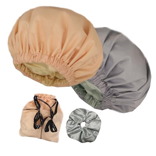2Pcs Genergy Shower Cap for Women, Adjustable, Large& Reusable &Satin Lined Shower Cap Waterproof Washable &Double Layers &Reversible (Litht grey+Apricot)